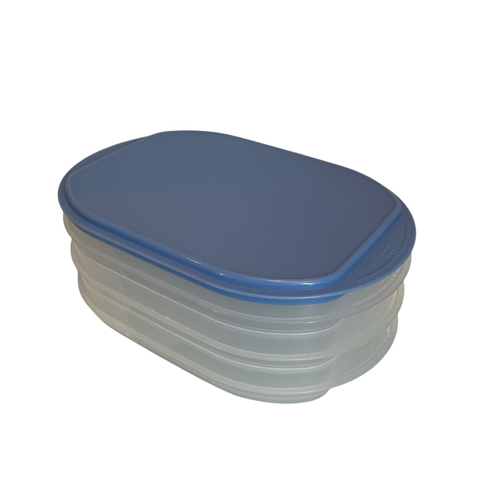 TUPPERWARE Stackable Container Set 3 Clearish Containers 1 Blue Lid - Picture 3 of 6